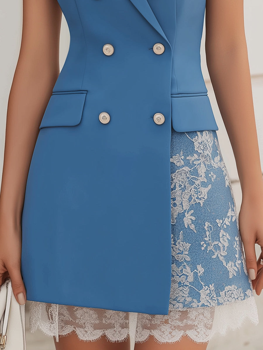 Sleeveless Double-Breasted Lace Panel Blazer Dress