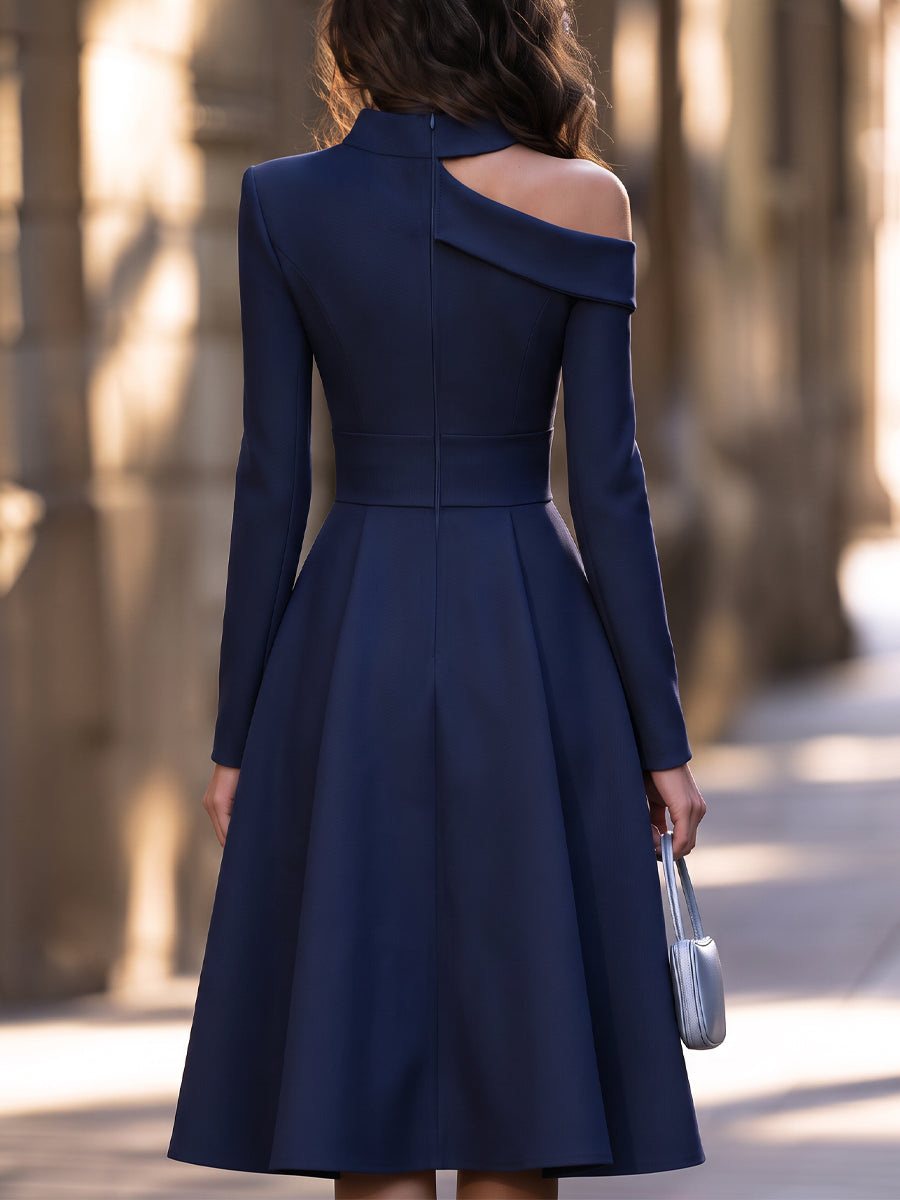 Asymmetric One-Shoulder Fit-and-Flare Midi Dress