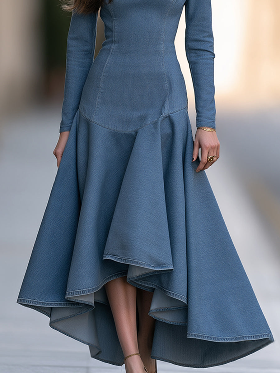 Elegant Blue Denim Long Sleeve Asymmetrical Ruffle Hem Midi Dress