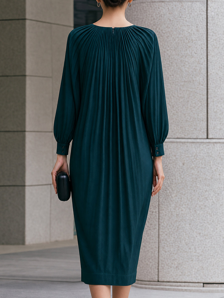 Elegant Pleated Lantern-Sleeve Midi Dress