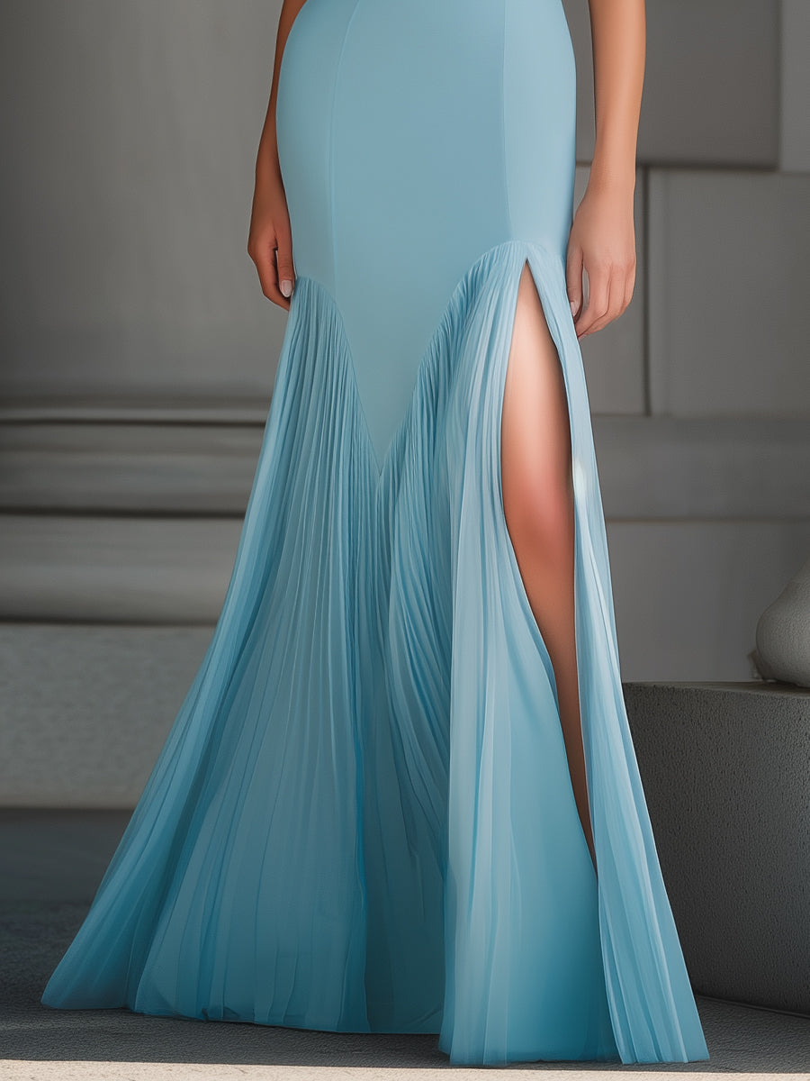 Sleeveless Pleated Hem Mermaid Evening Dress