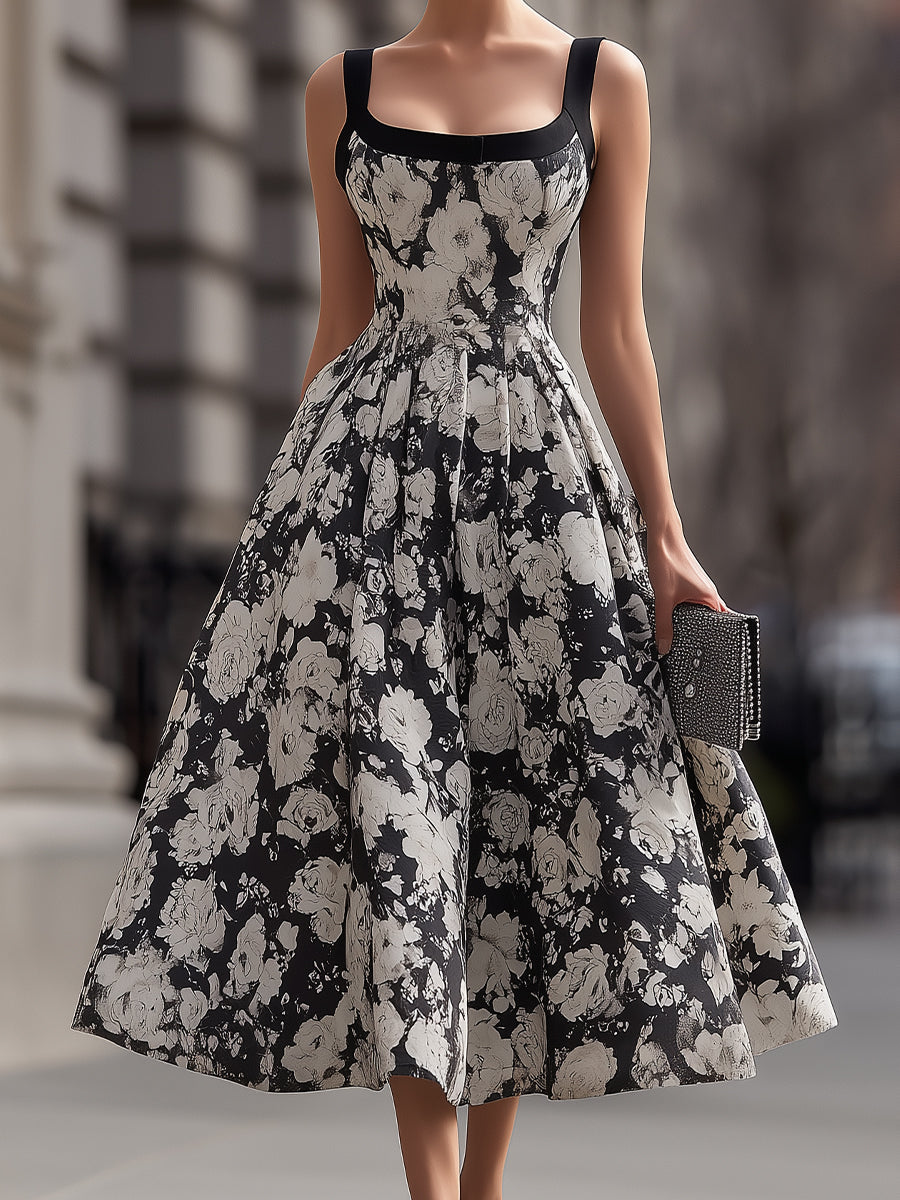 Square Neck Floral A-Line Maxi Dress