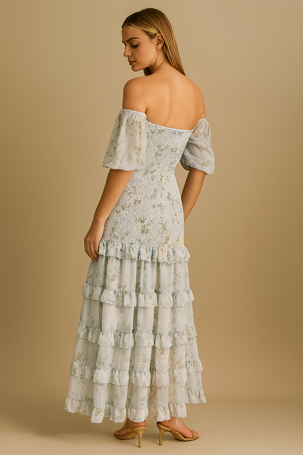 Puff Sleeve Slimming Dress Hot Girl High Waist off-Shoulder Printed Dress