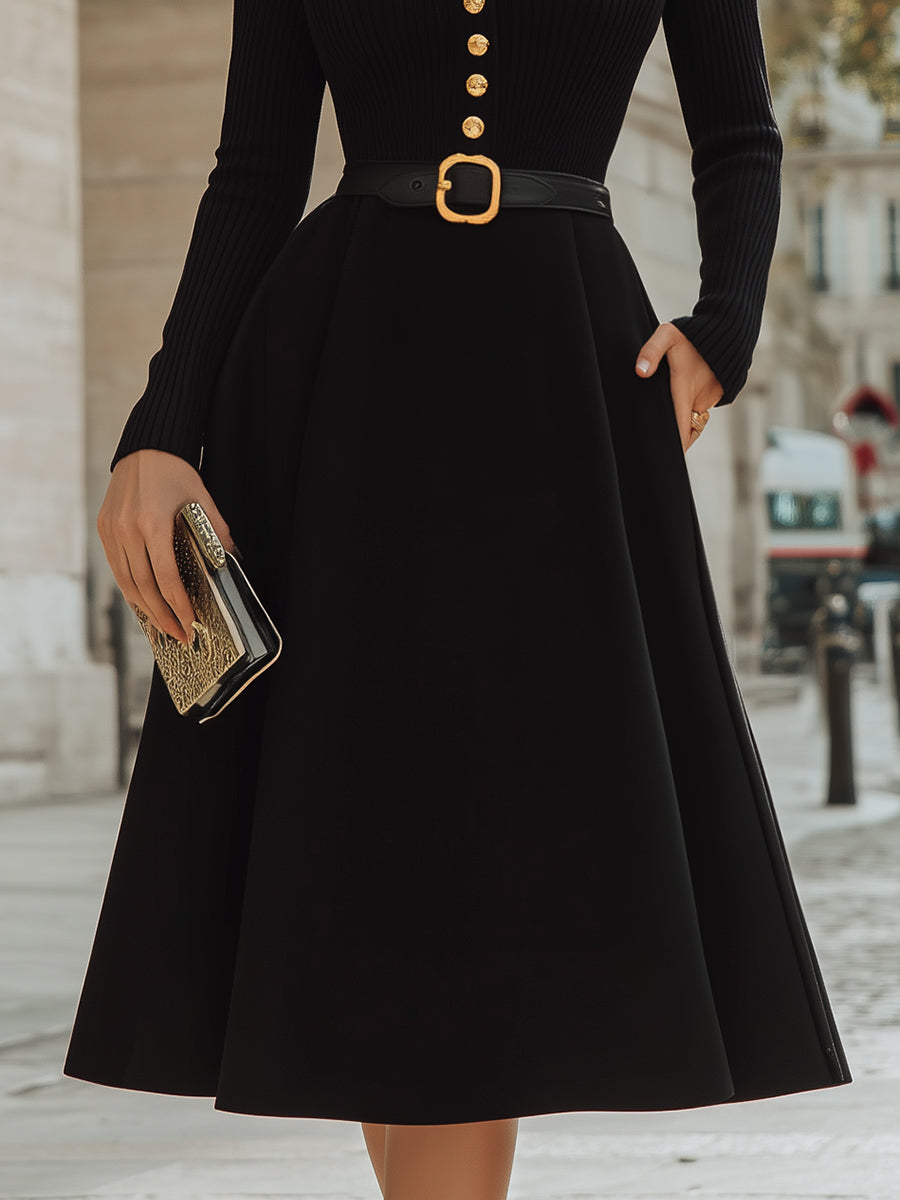 Long Sleeve Buttoned V-Neck A-Line Midi Dress