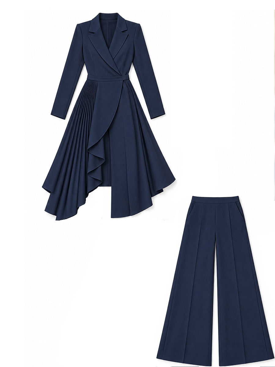 Elegant Navy Wrap Blazer Wide-Leg Pants Two-Piece Set