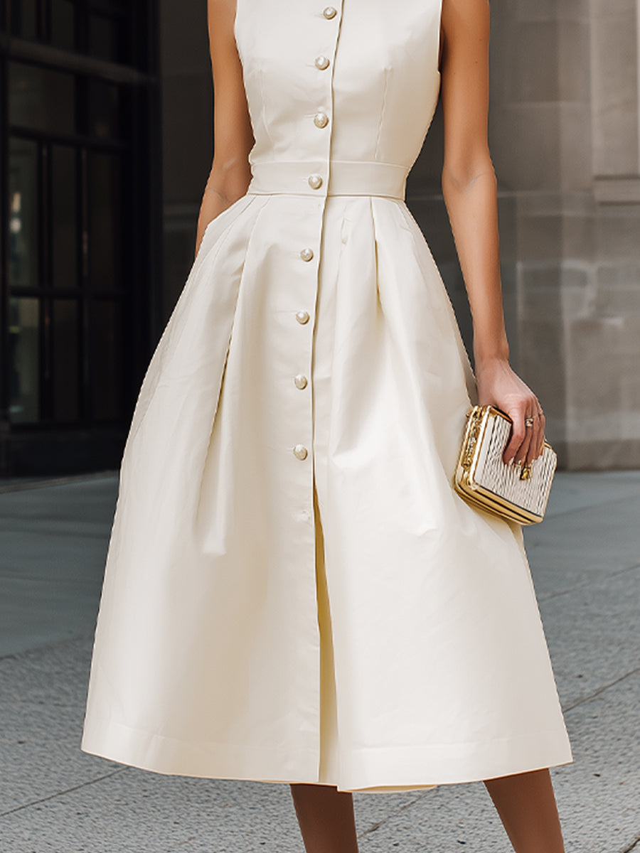 Sleeveless Mandarin Collar Button-Front Midi Dress
