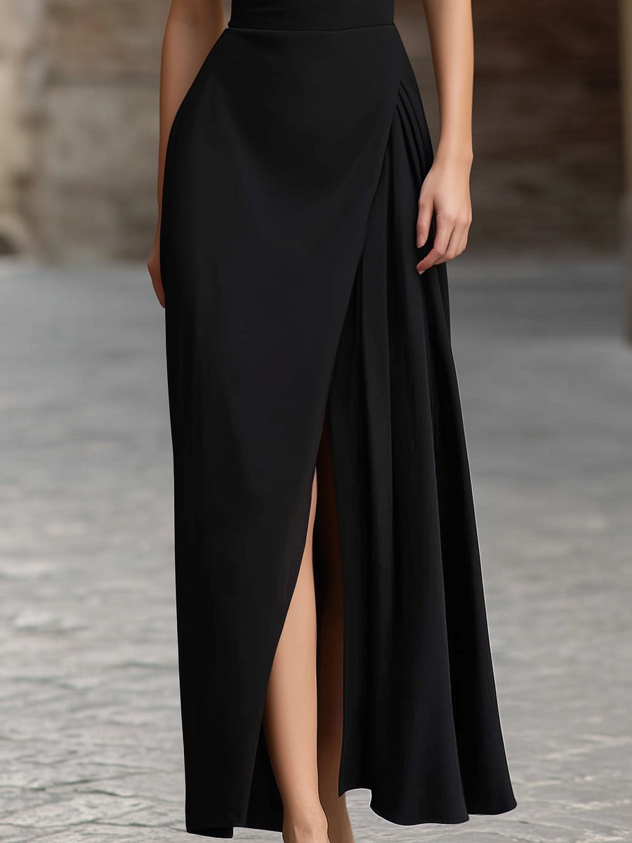 Cross-Halter Draped Front Slit Maxi Dress