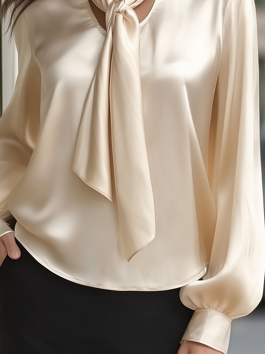 Champagne Satin Tie-Neck Puff-Sleeve Blouse