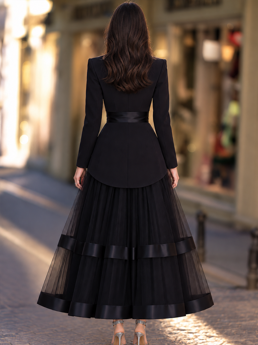 Blazer Bodice Gown With Bow Sash And Sheer Tiered Skirt