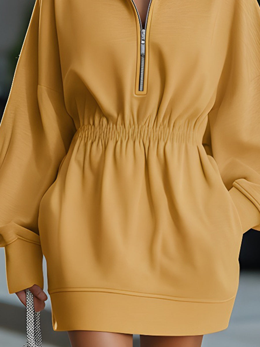 Mustard Yellow Half-Zip Hooded Sweatshirt Dress