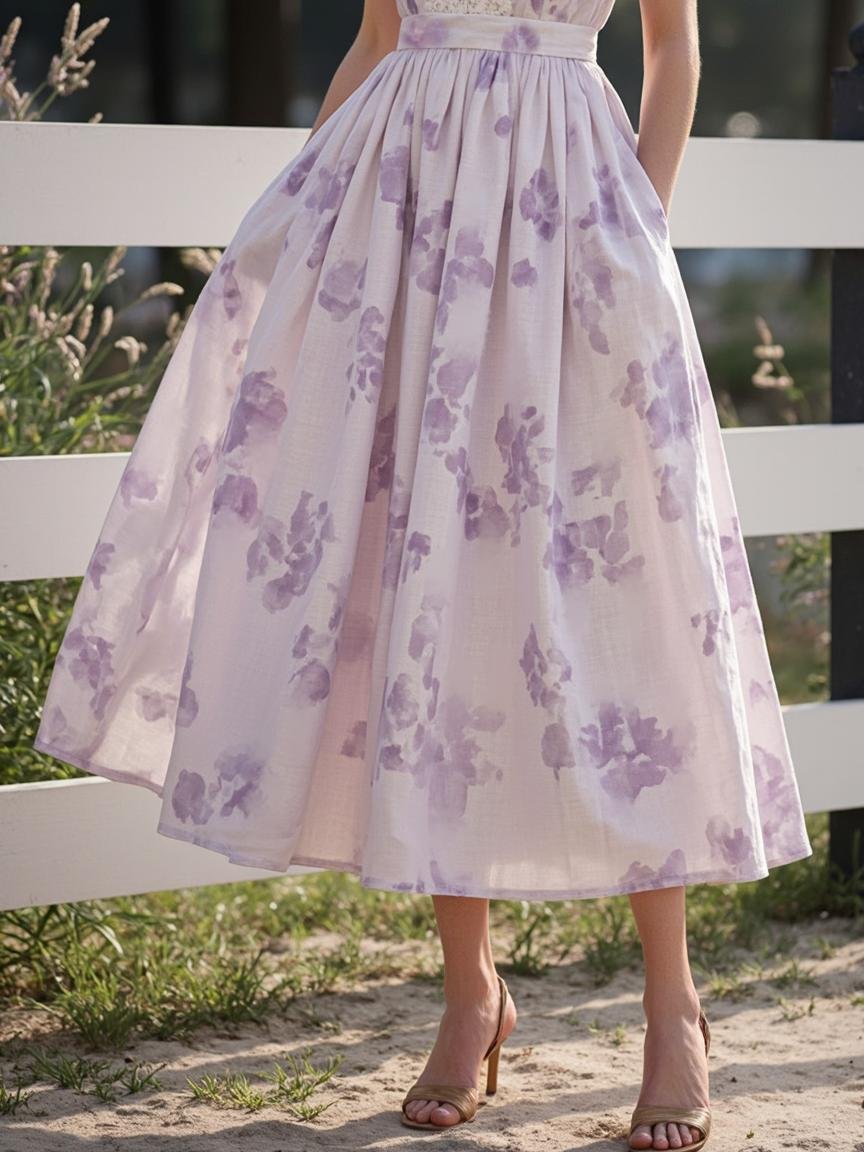 Maxi Linen Dress, V Collar, Cottagecore, Linen Blend, Purple