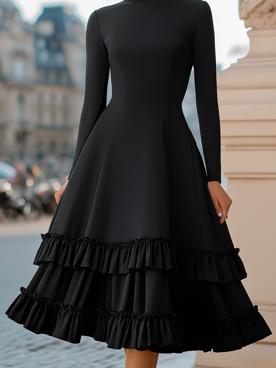 High-Neck A-Line Tiered Ruffle Midi Dress