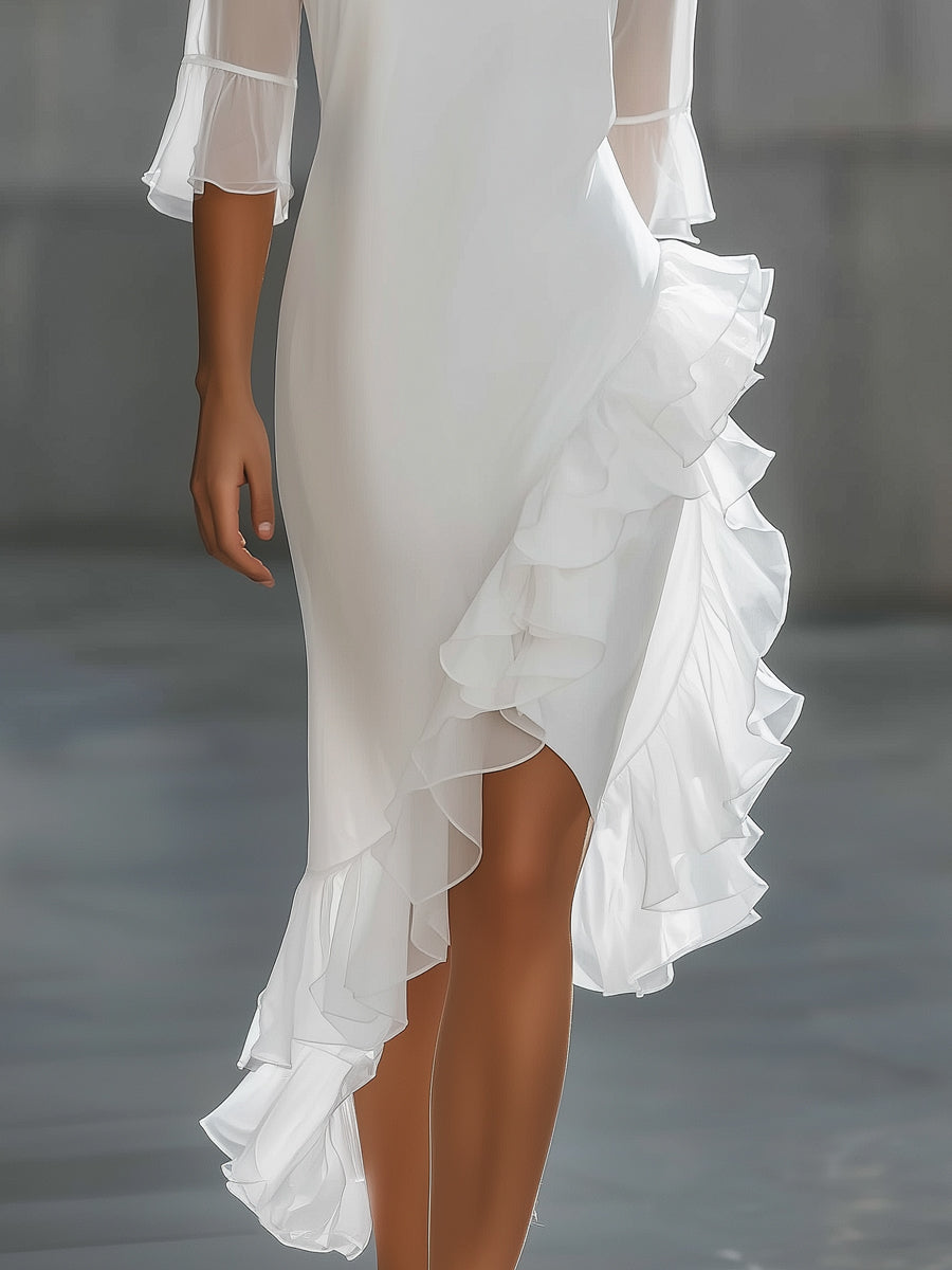 Asymmetric Ruffle Hem Sheer Sleeve Midi Dress