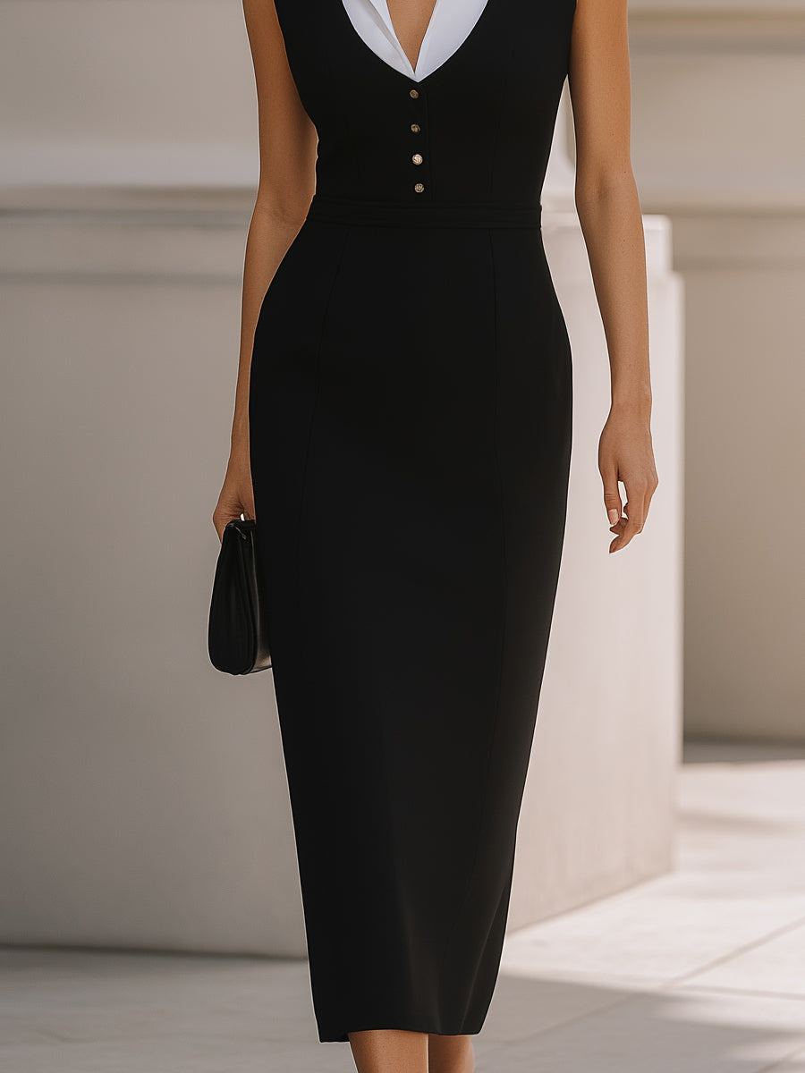 Layered Collar Button-Front Tailored Midi Dress