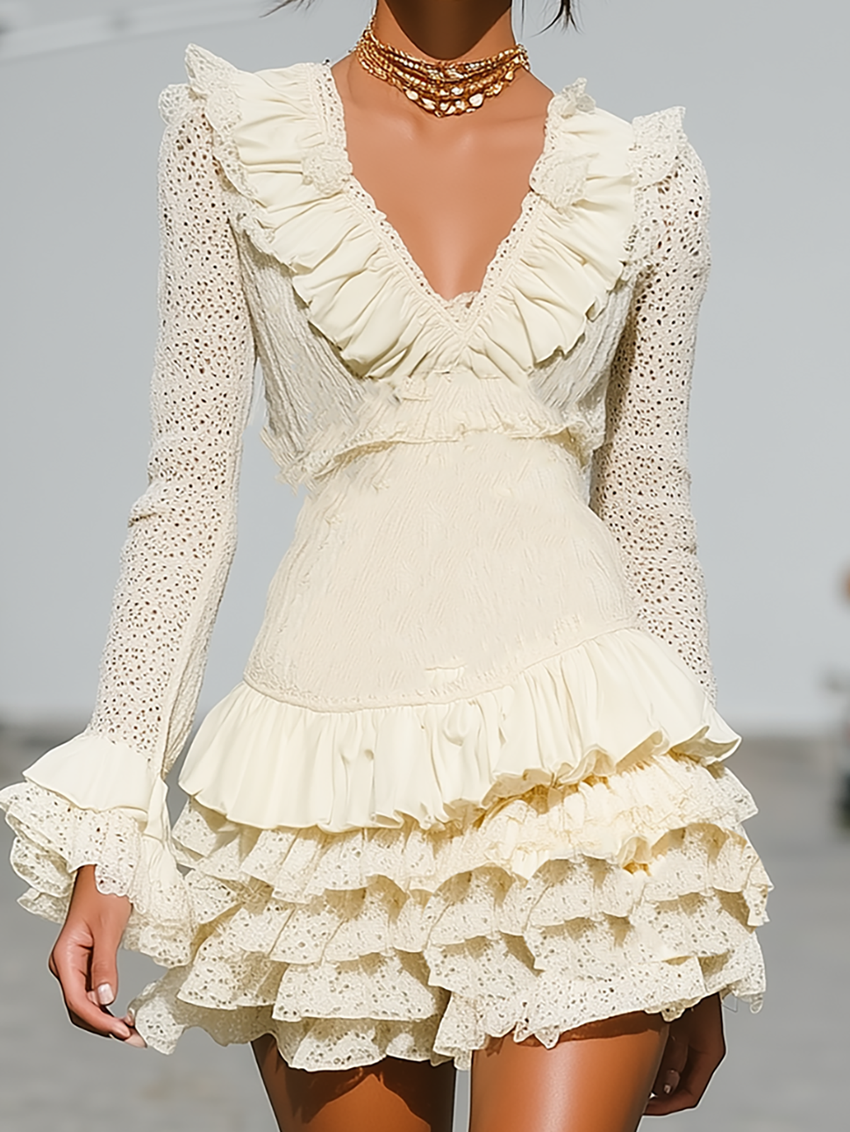 Cream Lace Ruffle Long Sleeve Tiered Mini Dress