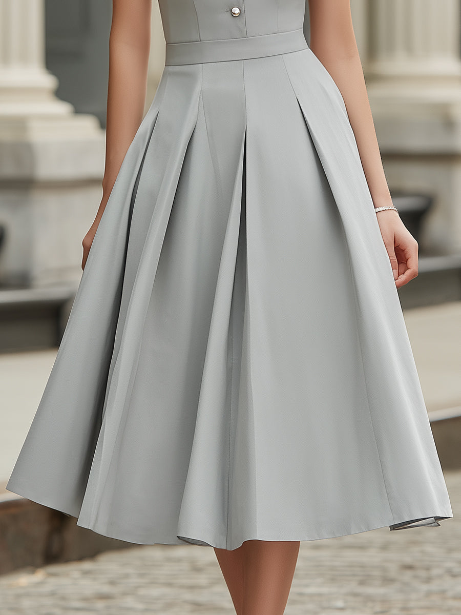 High Neck Button Front Pleated A-Line Midi Dress