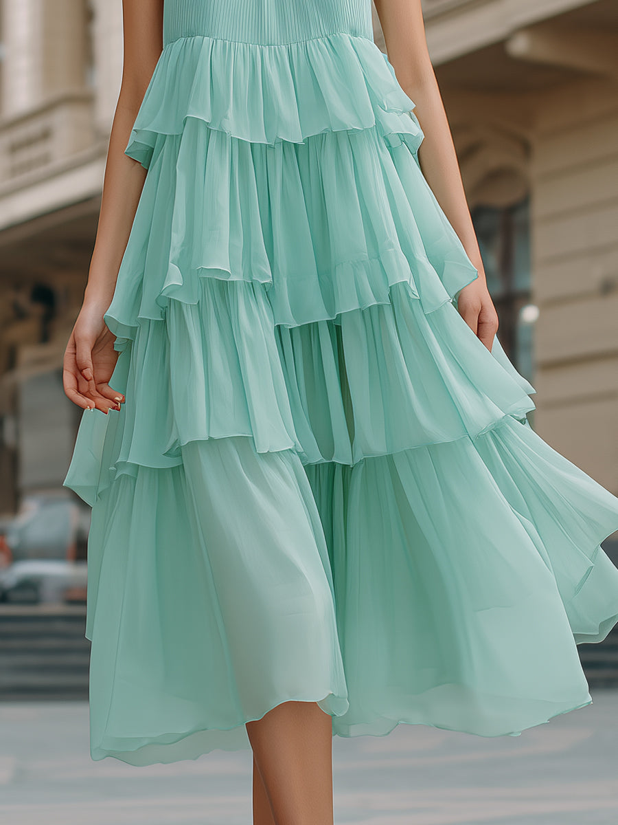 Halter Neck Tiered Ruffle Flowing Midi Dress