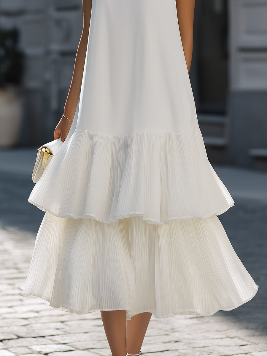 Sleeveless Crew Neck Structured A-Line Midi Dress