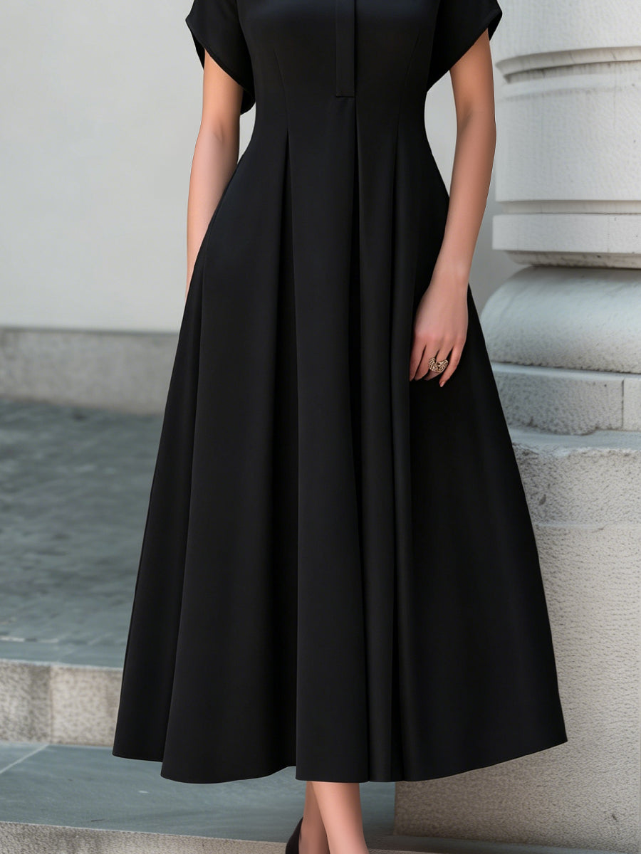 Stand Collar Pleated A-Line Maxi Dress