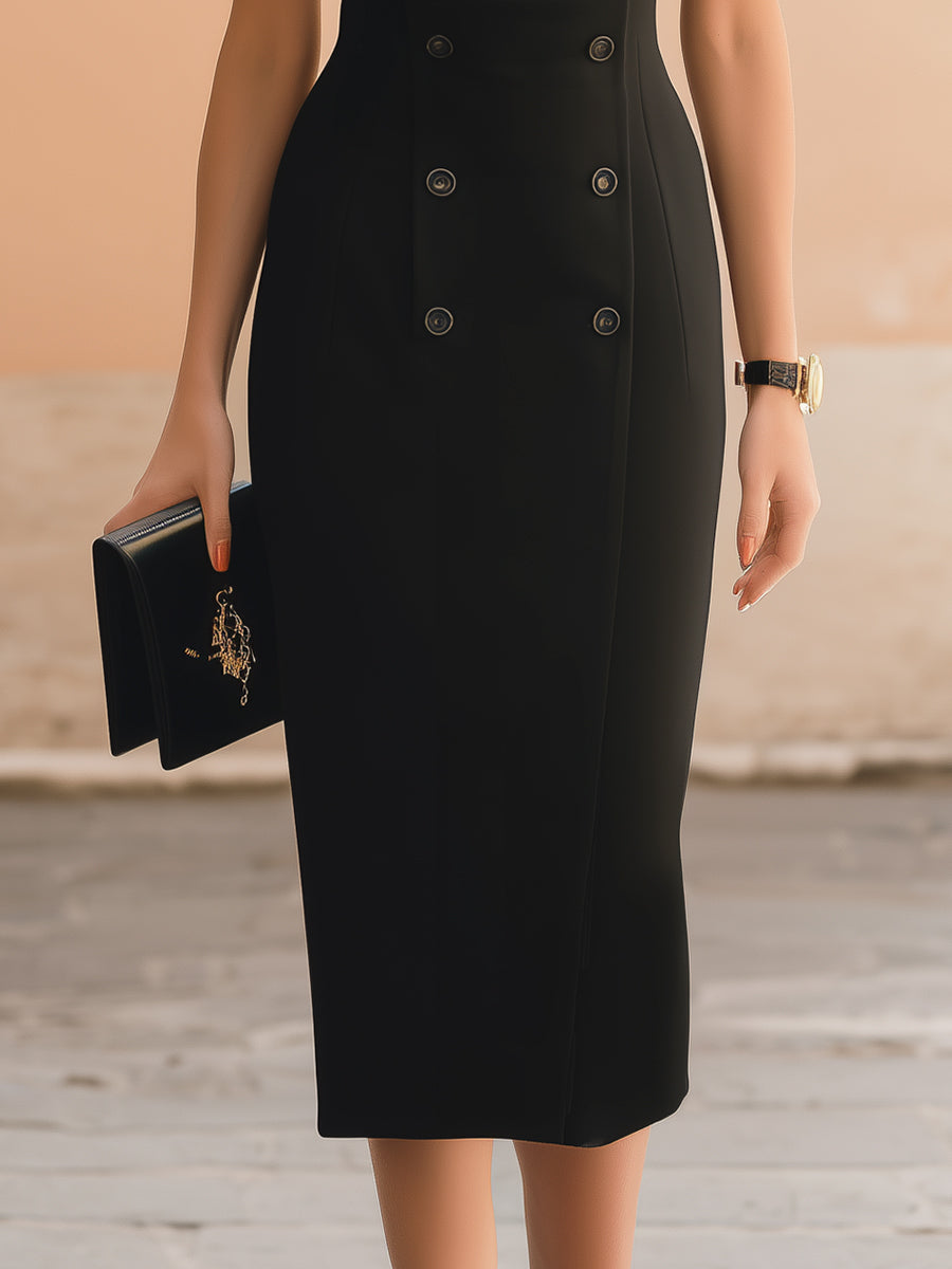 Black Short-Sleeve Blazer-Style Midi Pencil Dress