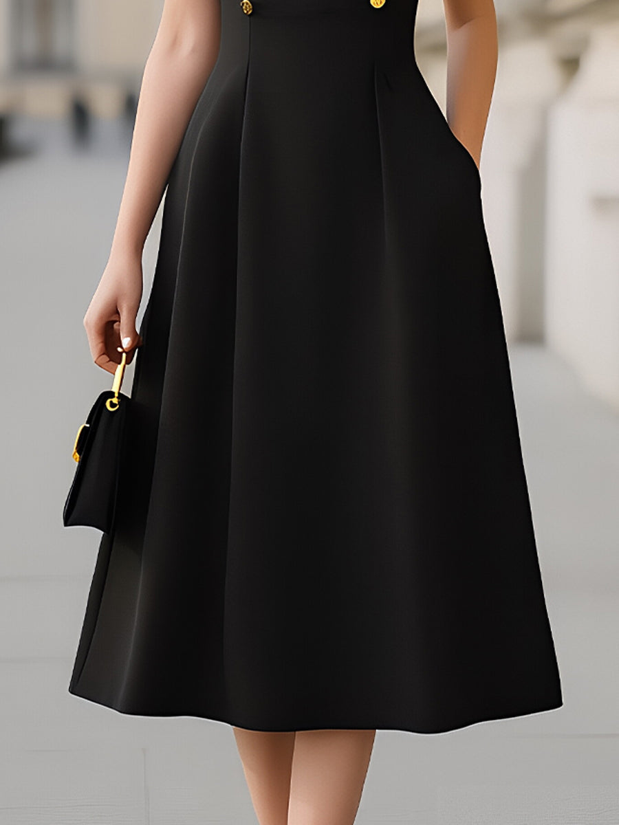 Cap-Sleeve Round-Neck A-Line Midi Dress With Gold Button Detail