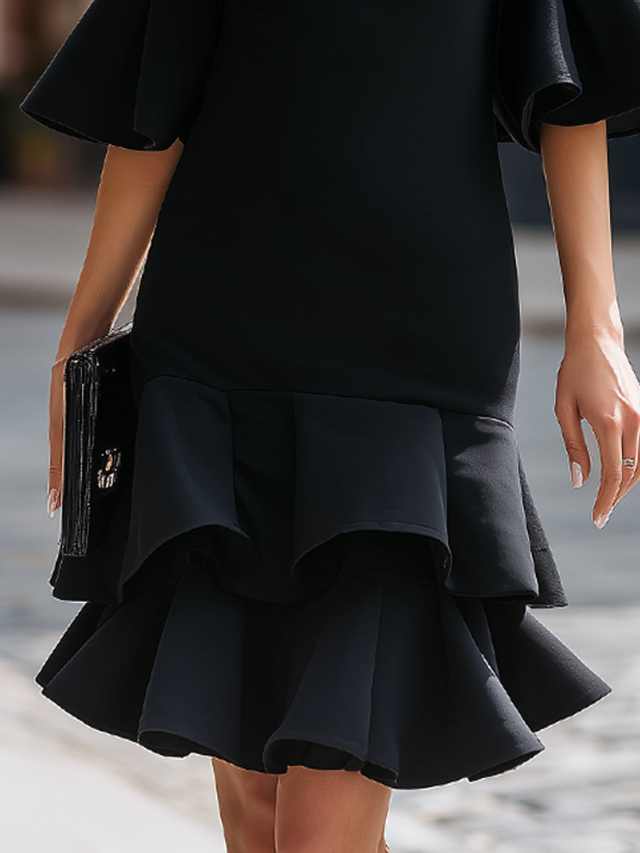 Structured Bell Sleeve Tiered Ruffle Hem Midi Dress