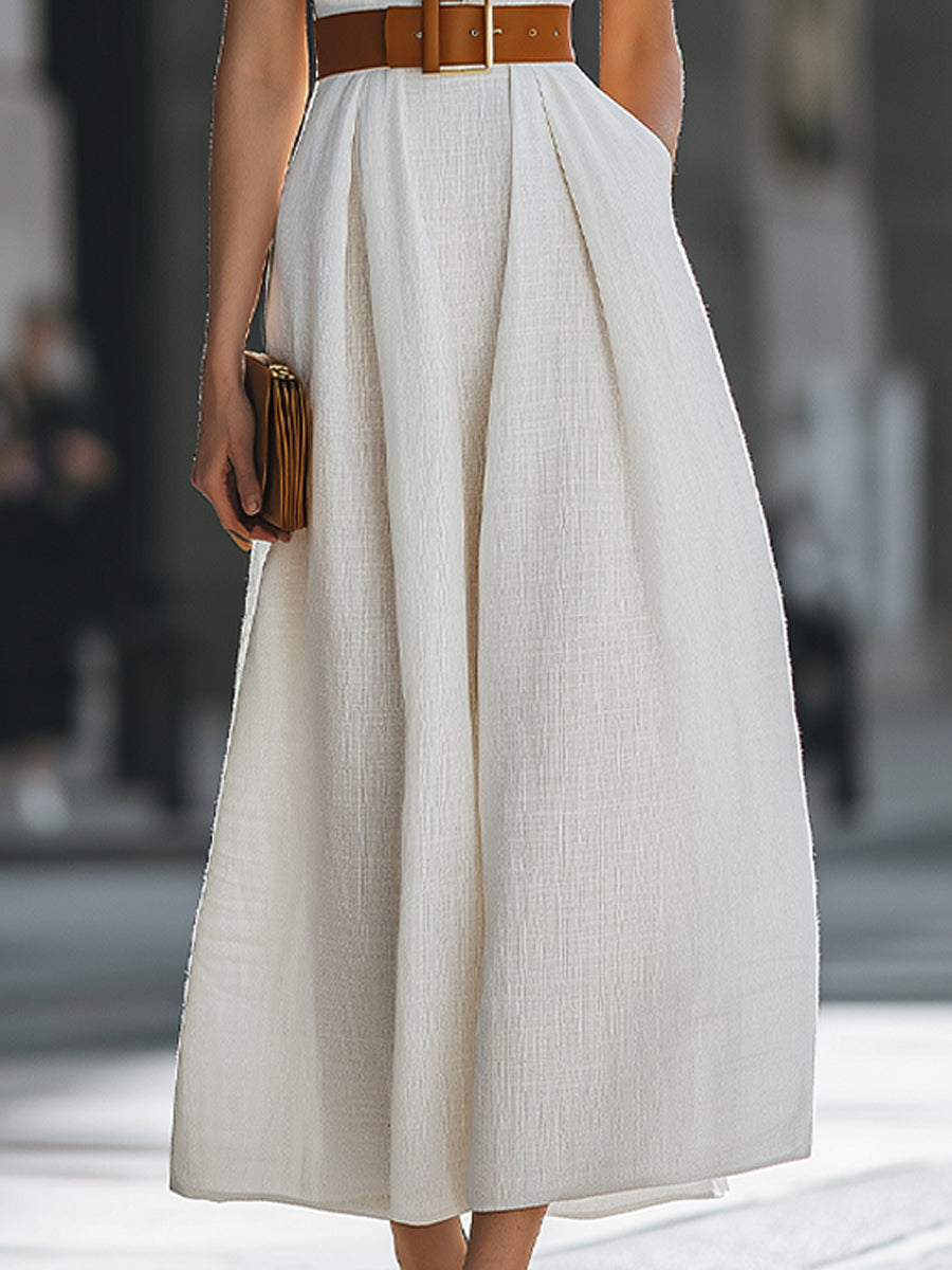 Premium 100% Linen Belted Halter Maxi Dress