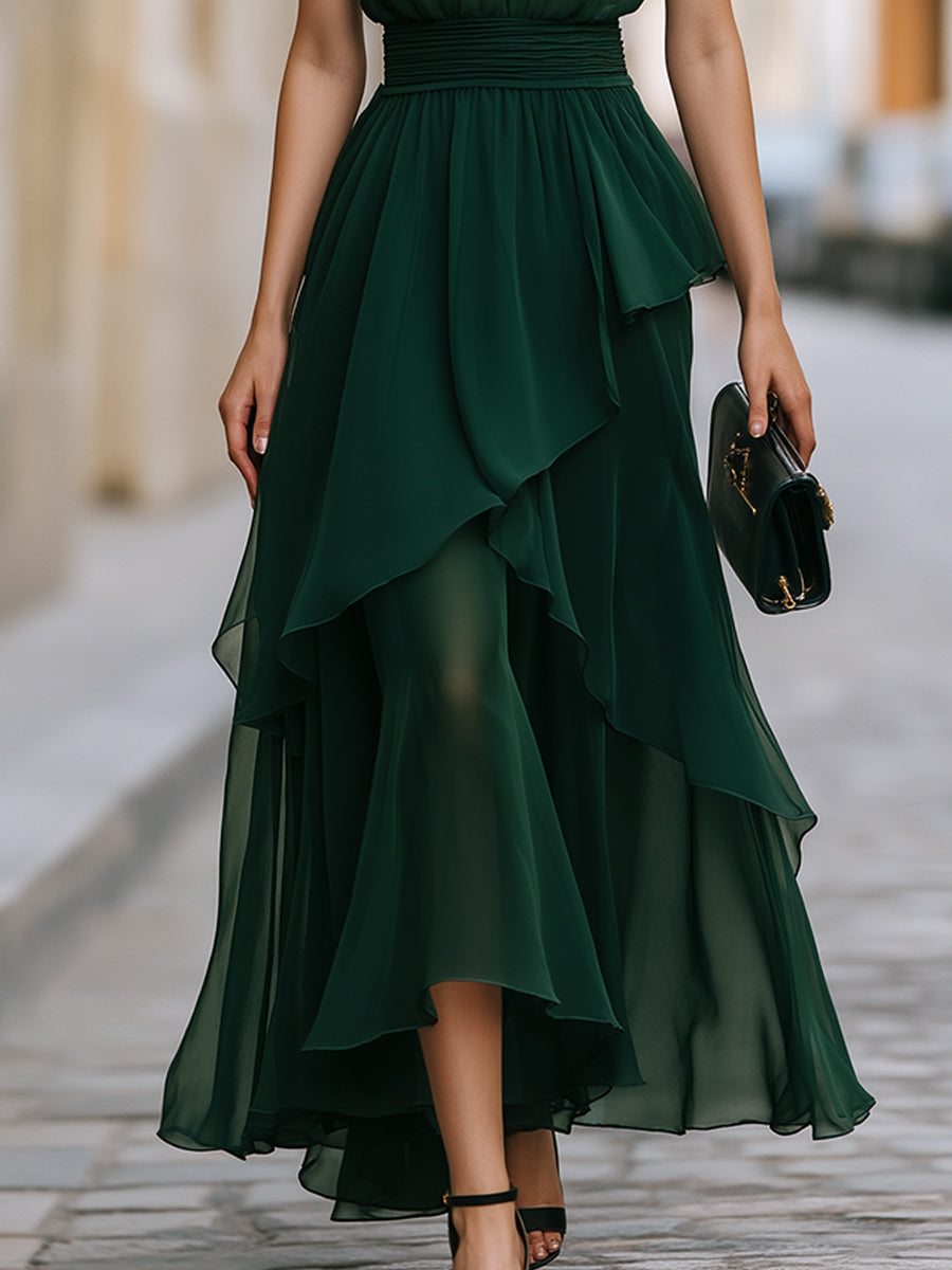 Elegant Halter Neck Layered Chiffon Midi Dress