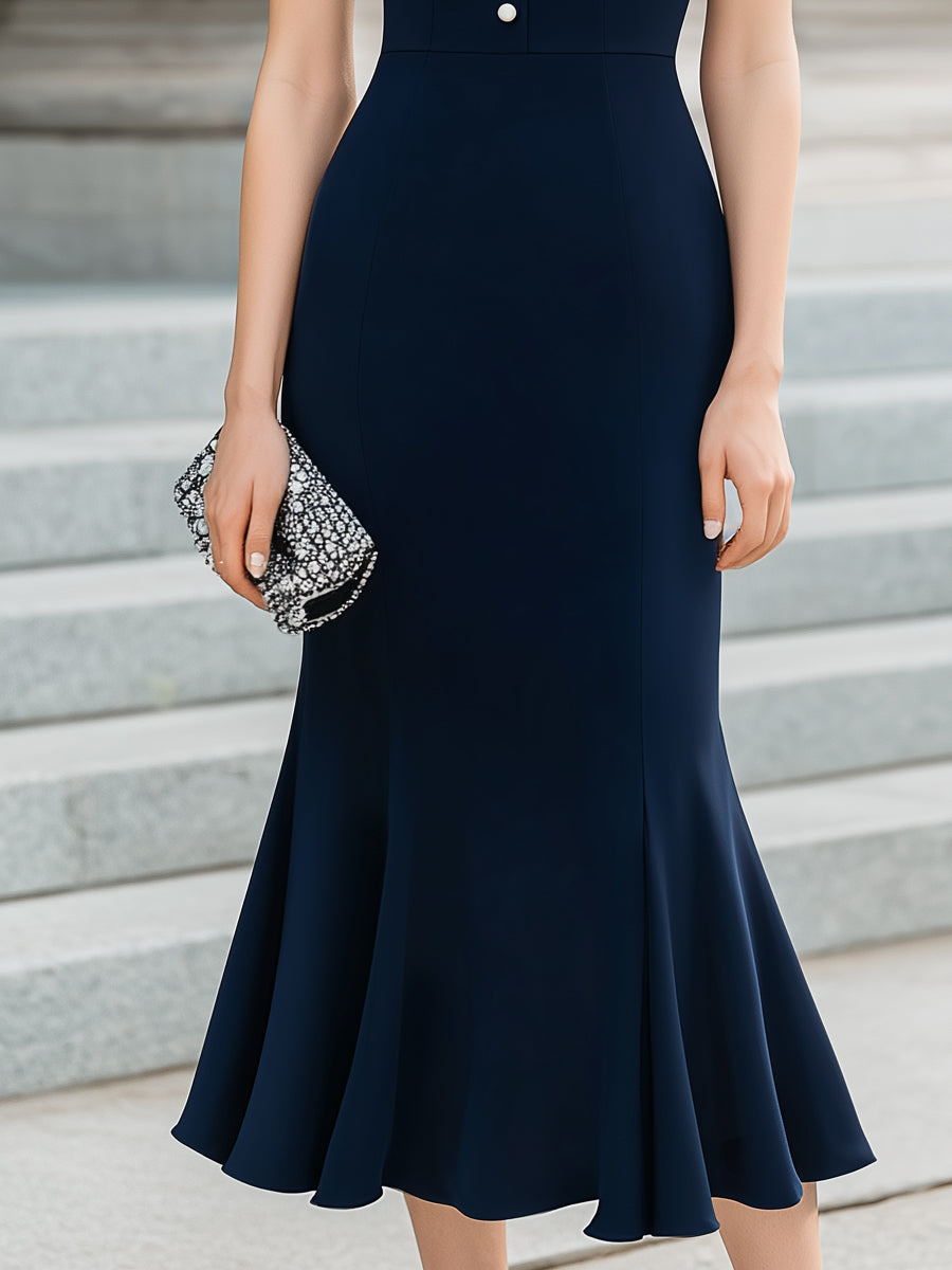 Mandarin Collar Pearl Button Midi Dress