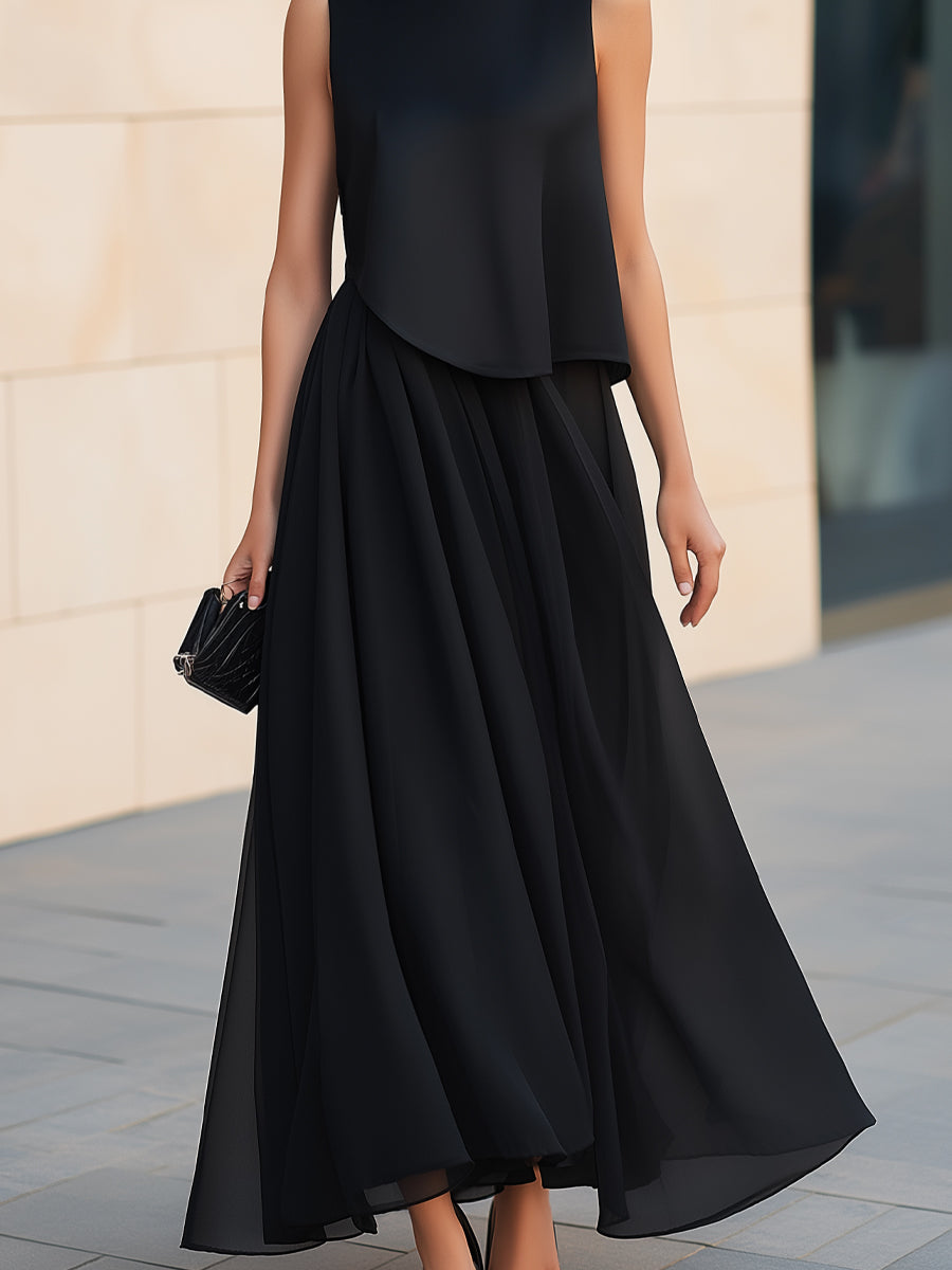 Fake Two-piece Sleeveless Layered Flowing Maxi Dress