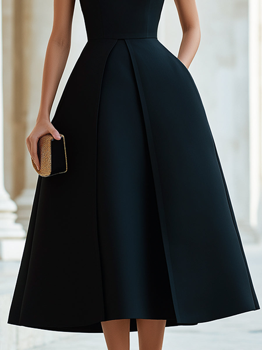 Sleeveless Boat Neck Structured A-Line Midi Dress