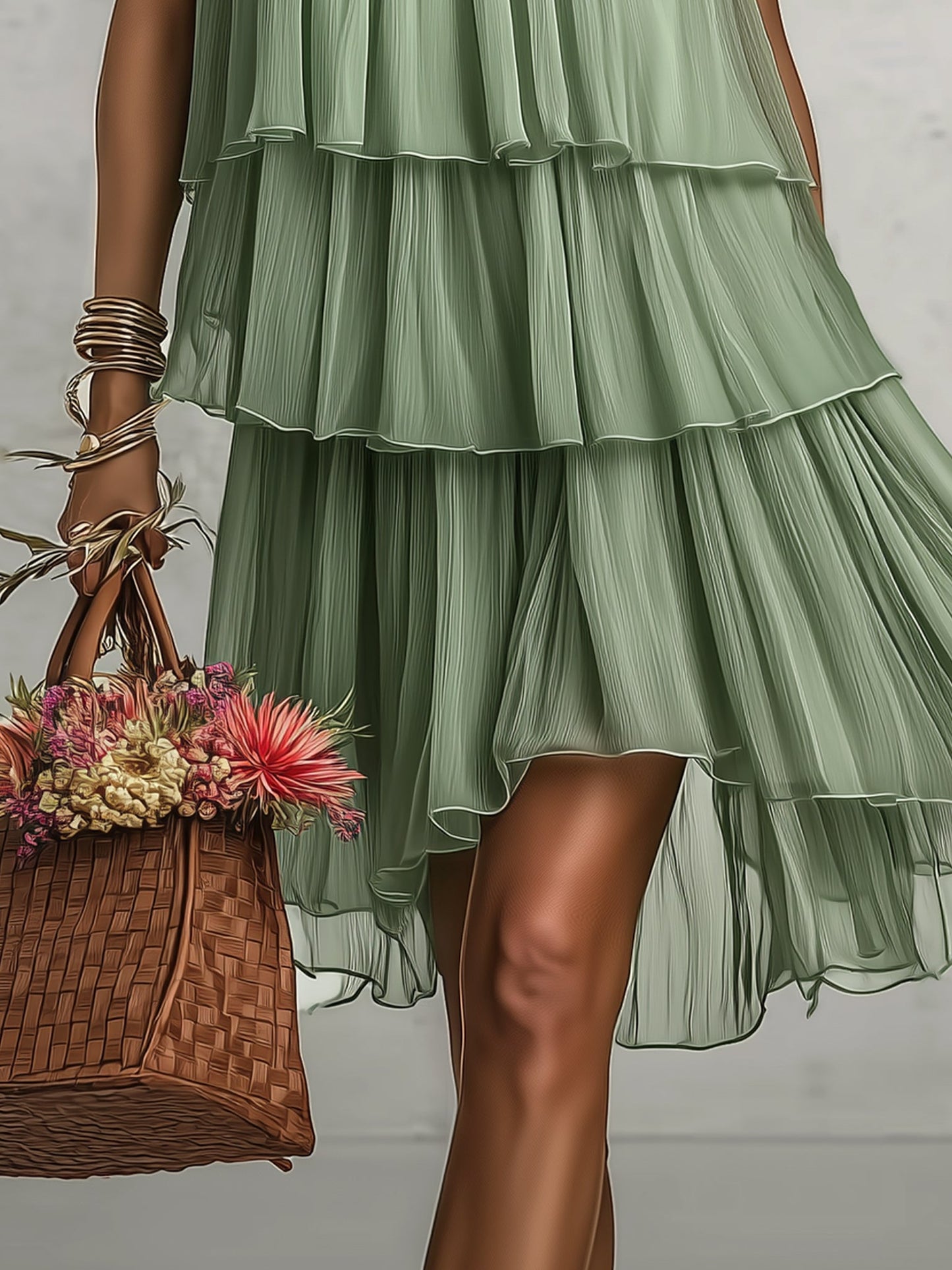 Green Chiffon Sleeveless Mini Dress With Detachable Flower