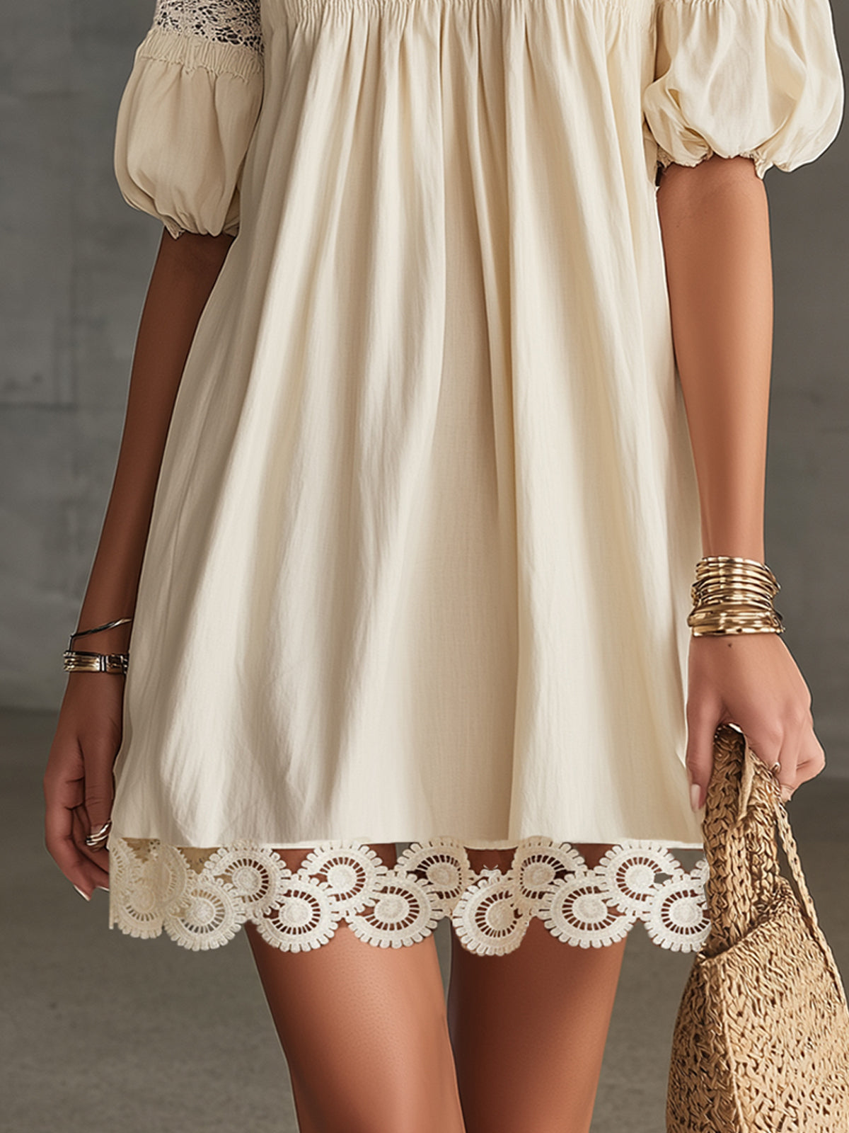 Cream Off-Shoulder Mini Dress With Crochet Lace Trim And Puff Sleeves