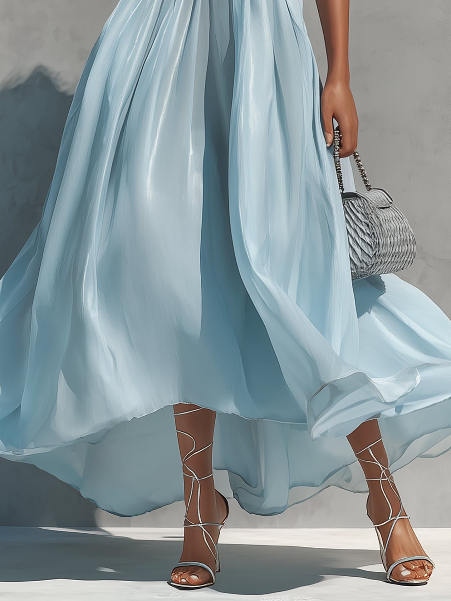 Blue Chiffon 3D Floral Maxi Dress