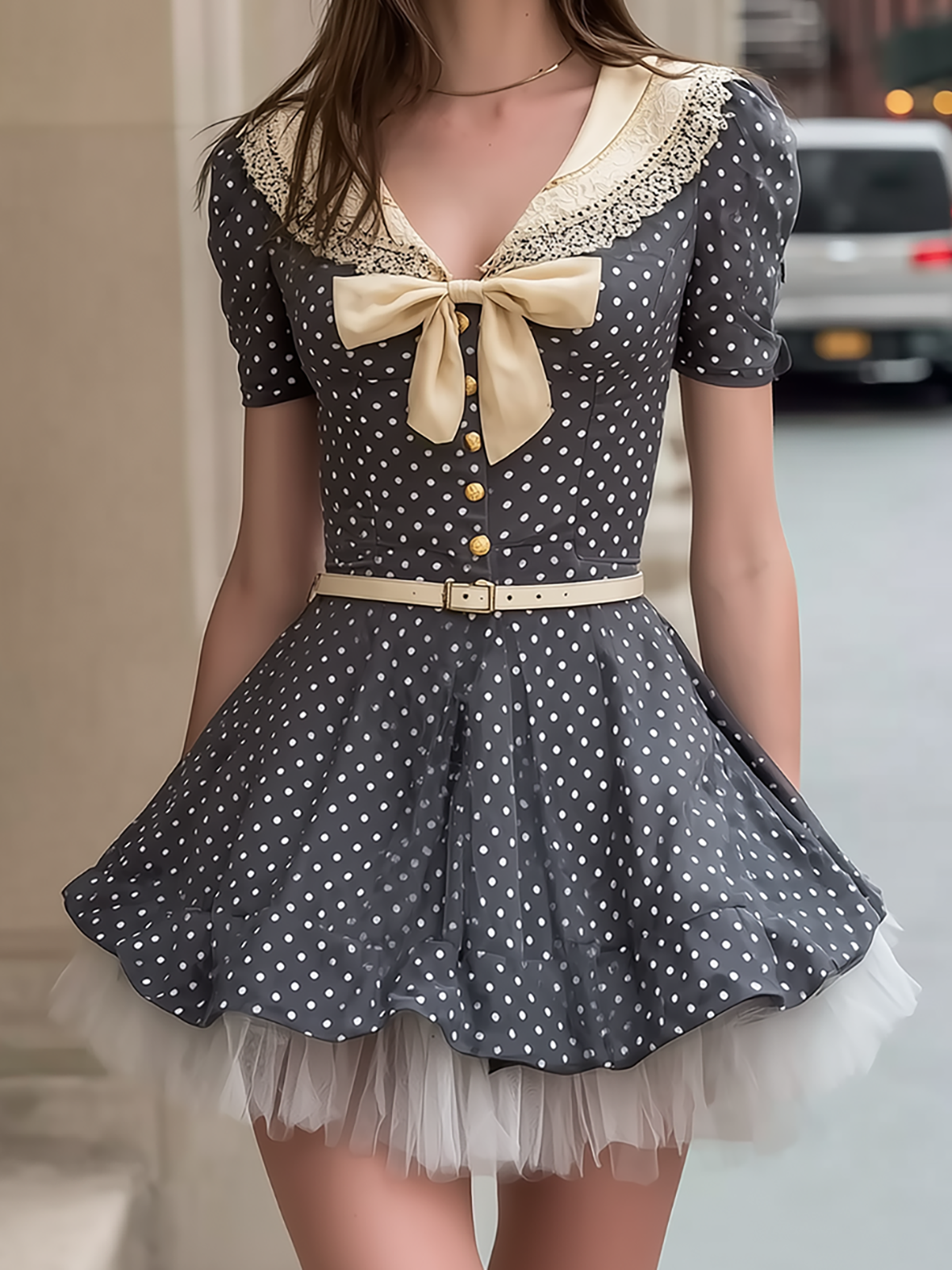 Puff Sleeve Lace Collar Polka Dot Party Dress