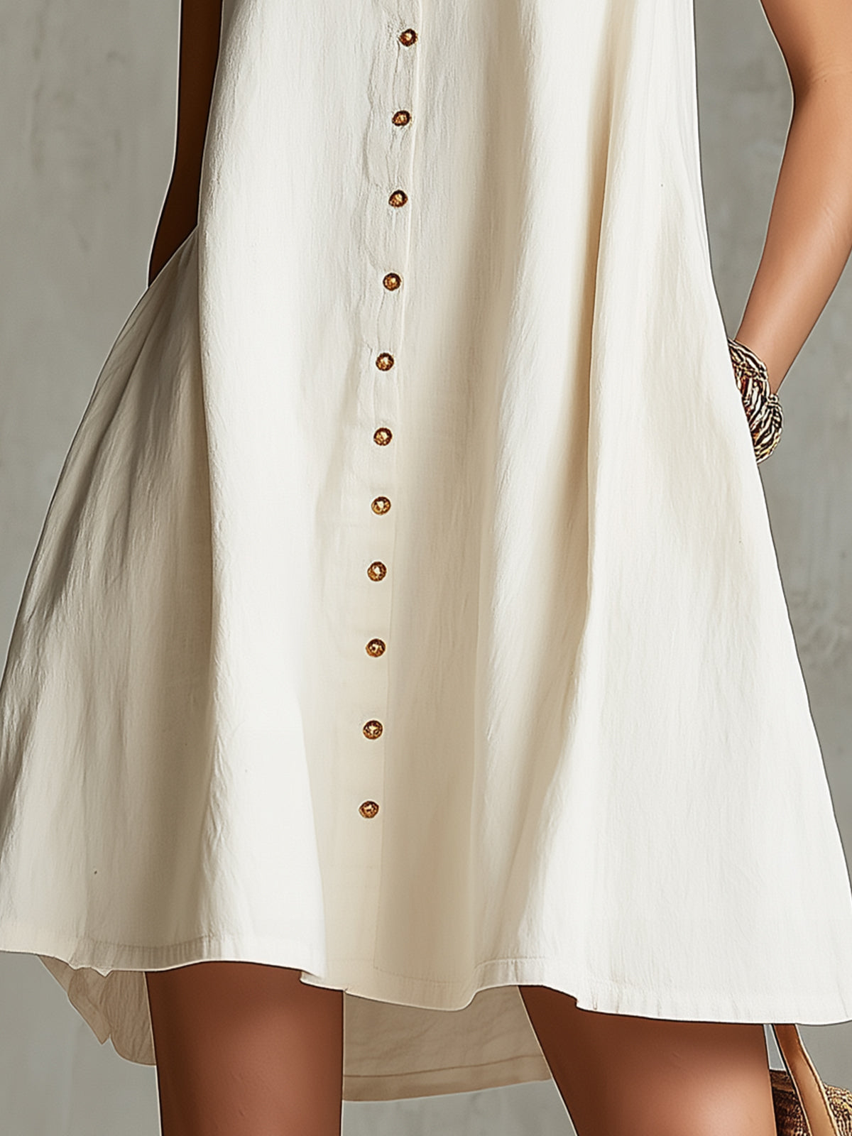 Ivory Sleeveless Button-Front Mini Dress With Floral Embroidery