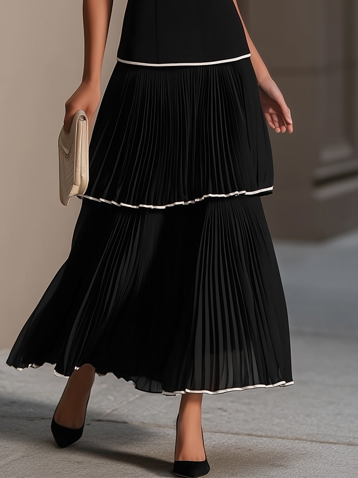 Black White Trim Tiered Pleated Maxi Dress