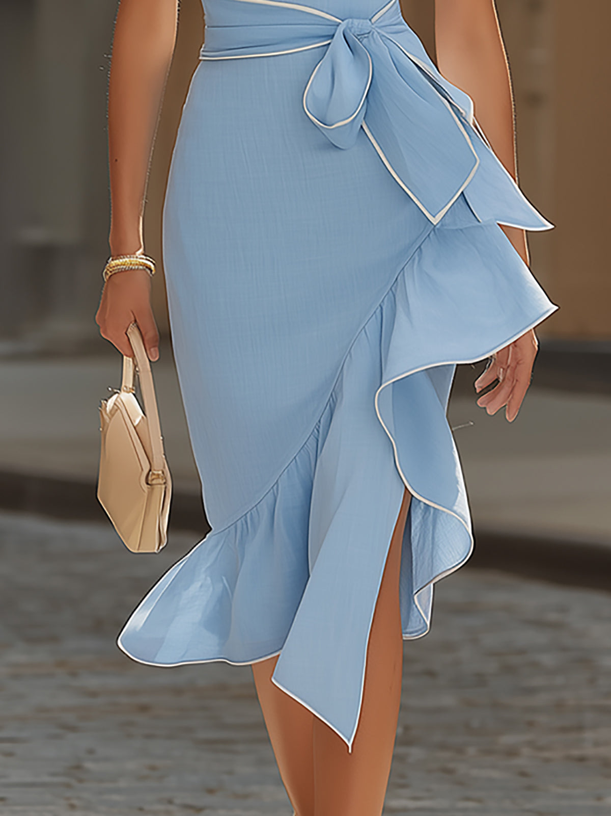 Light Blue Cross Halter Ruffle Midi Dress