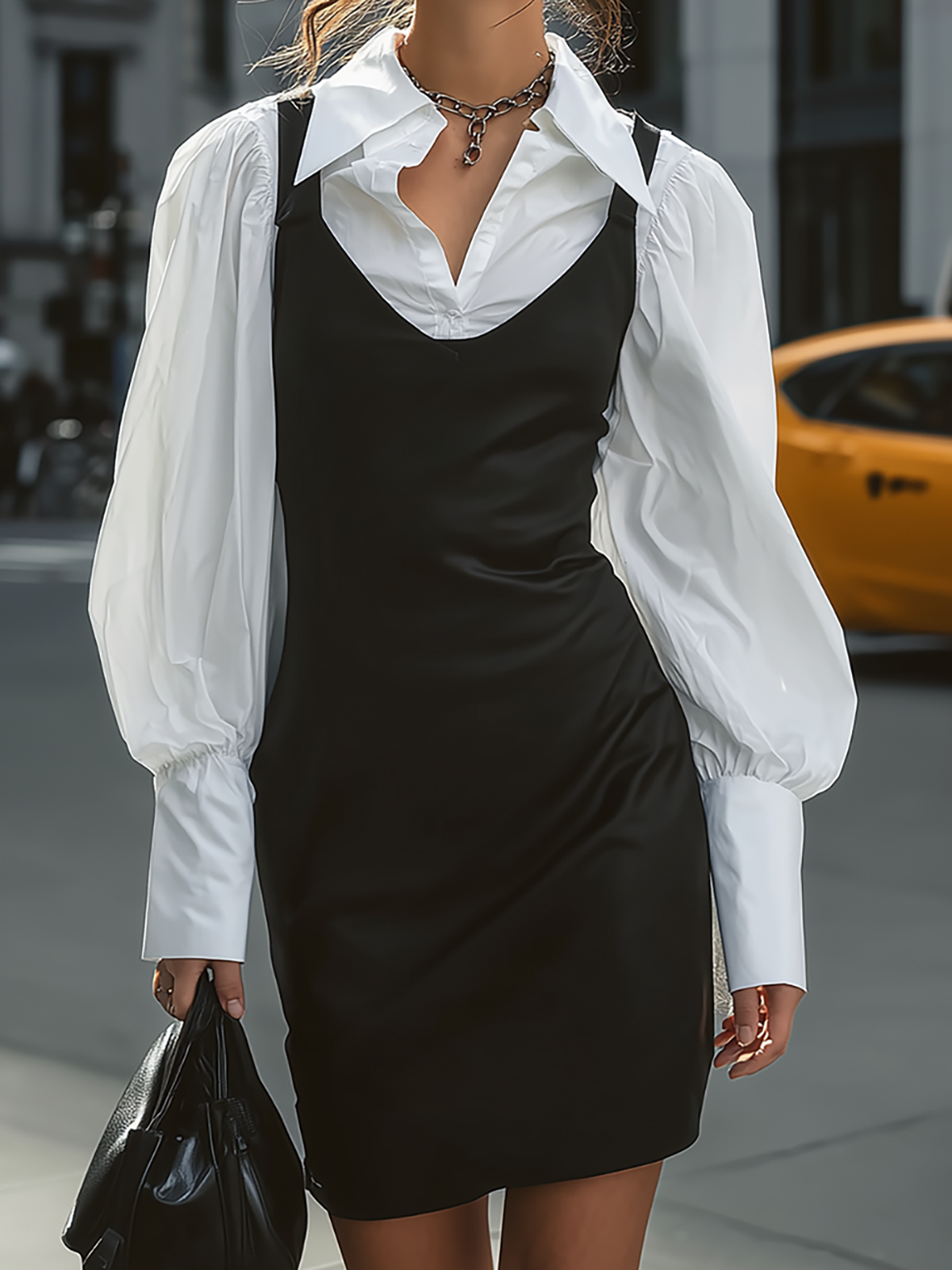 Point Collar Puff Cuff Two Tone Mini Dress
