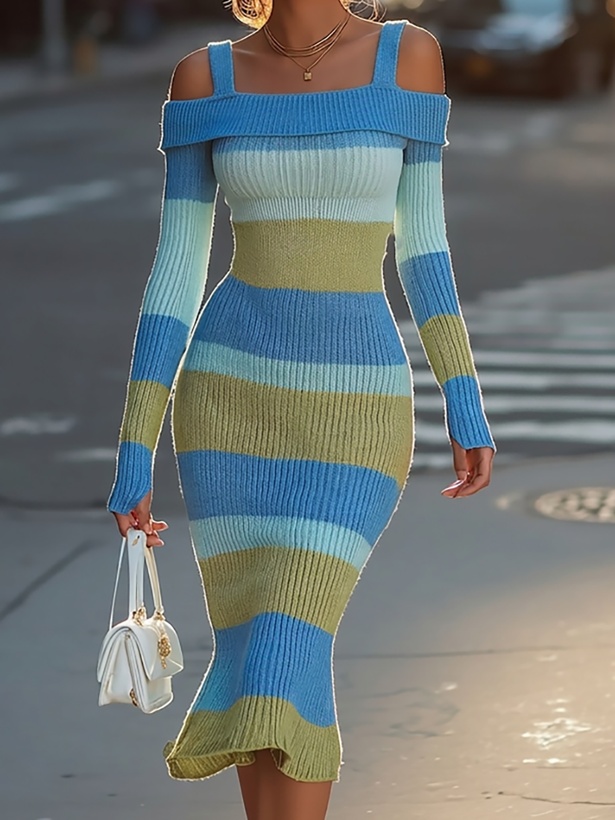 Cold Shoulder Color Block Stripe Midi Knit Dress