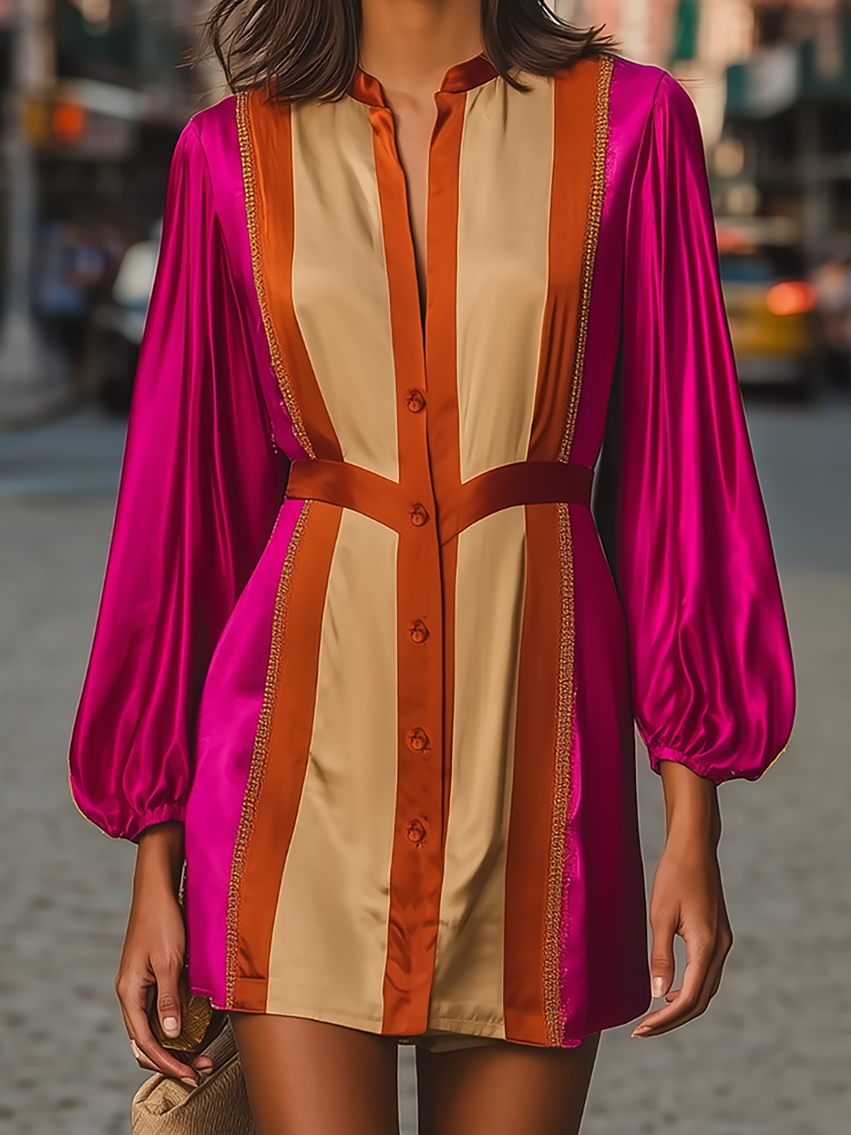 Color Block Satin Puff Sleeve Shirt Mini Dress