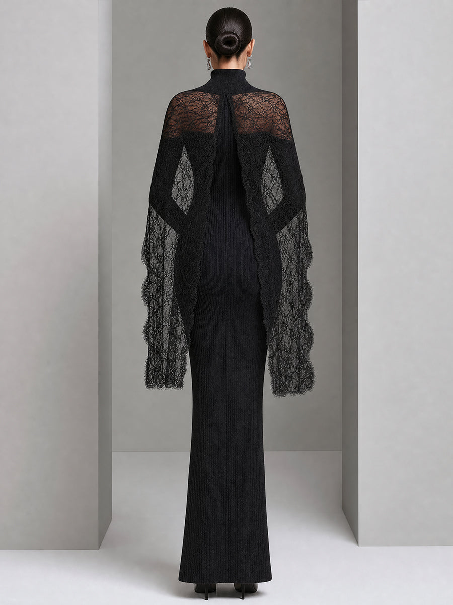 Lace Cape Ribbed Knit Maxi Dress
