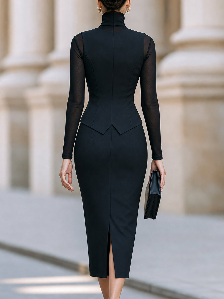Mesh Top Tailored Vest And Pencil Skirt Three-Piece Set