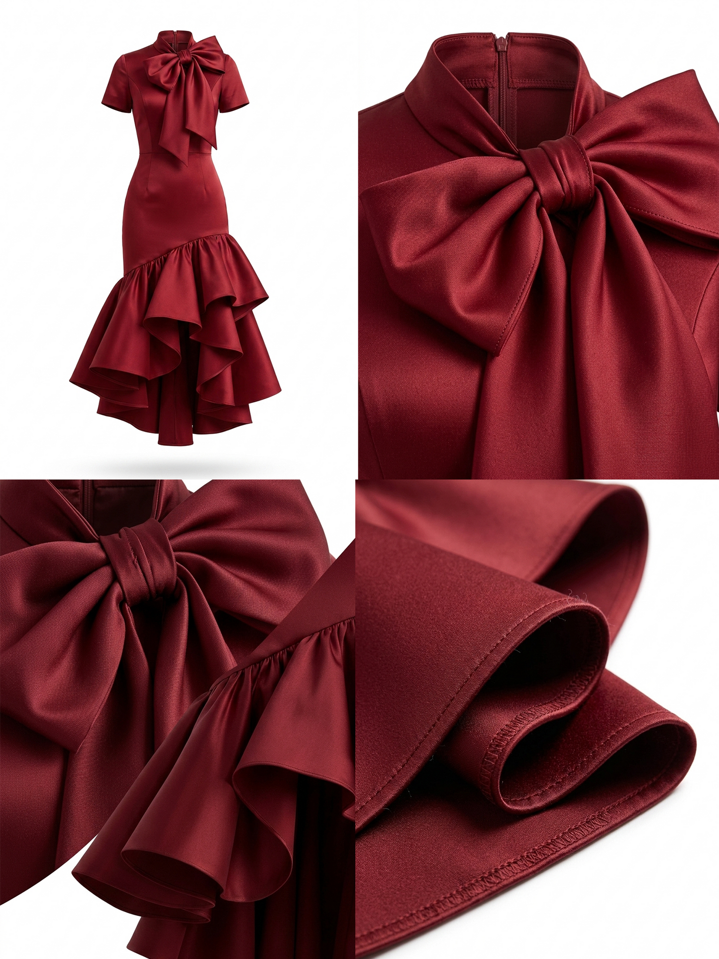 Vintage Satin Ruffle Bow Bodycon Midi Dress