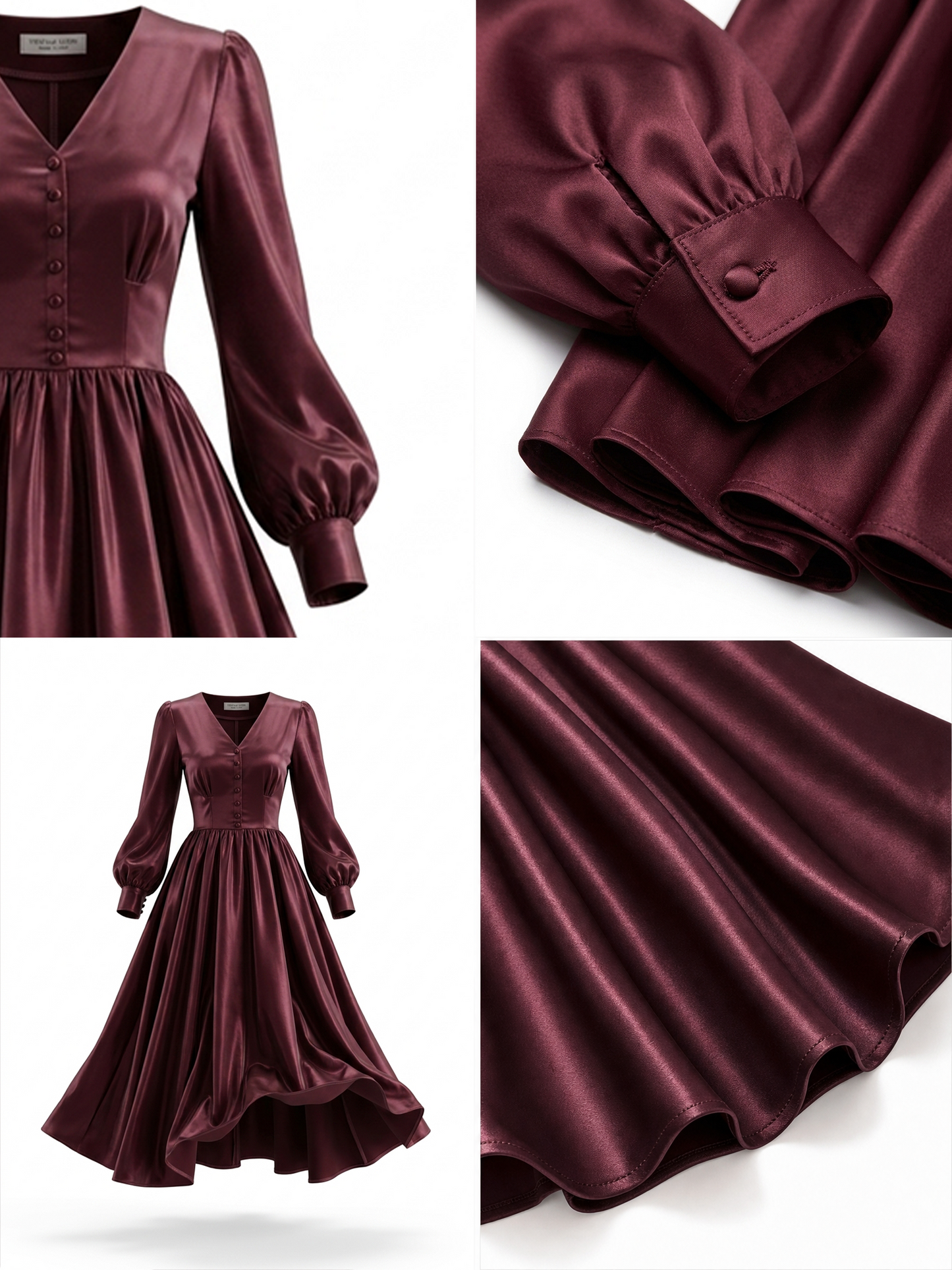 Vintage Elegant Shiny Waist-Cinched Lantern Sleeve Midi Dress