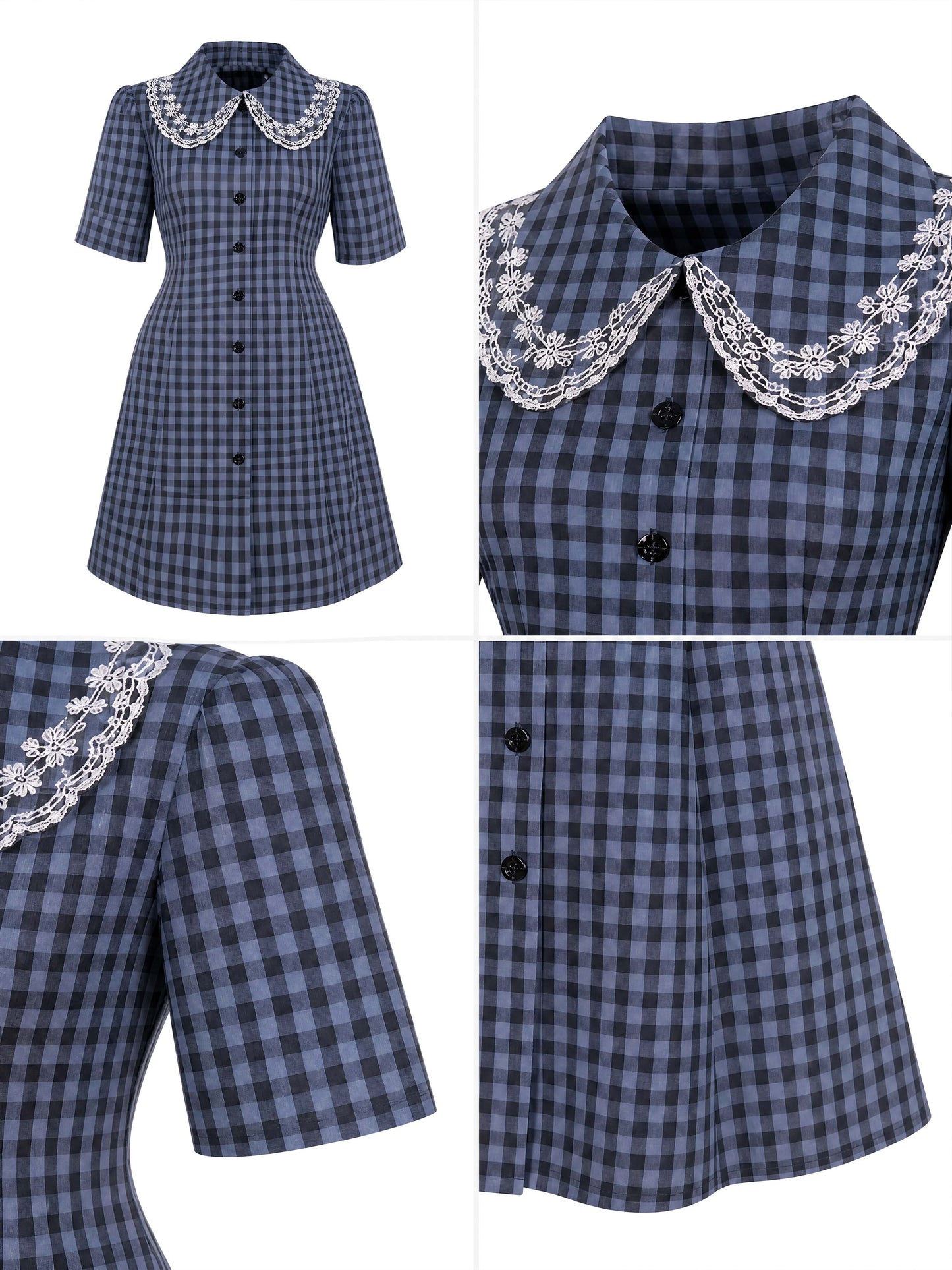 Vintage Navy Gingham Lace Collar Mini Dress