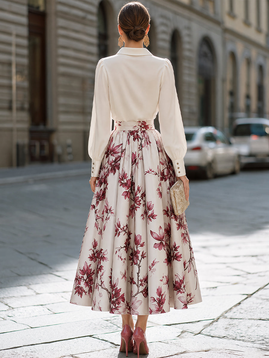 Collared Button-Front Blouse And Floral Full Midi Skirt Set