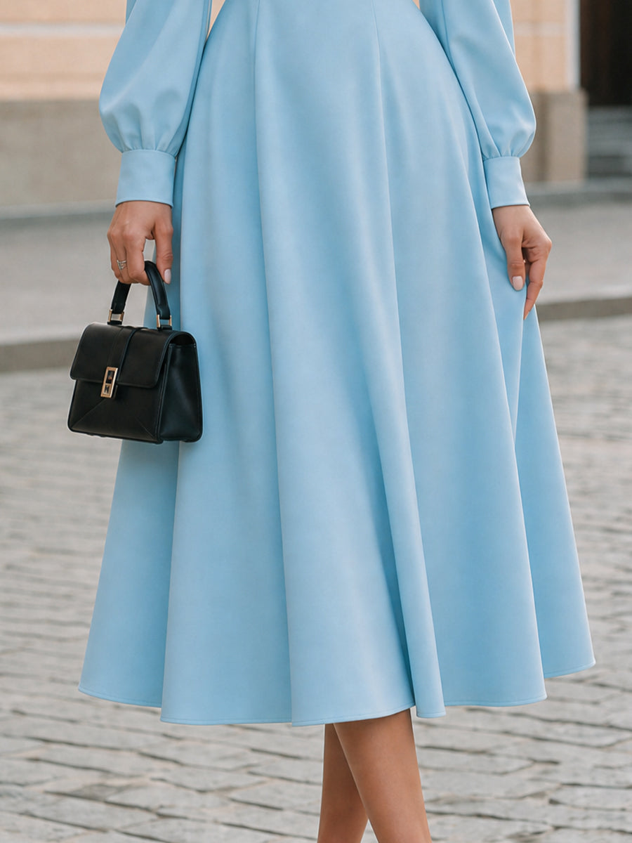 Wedding Guest Formal High Neck Puff Bishop Long Sleeve Midi Dress