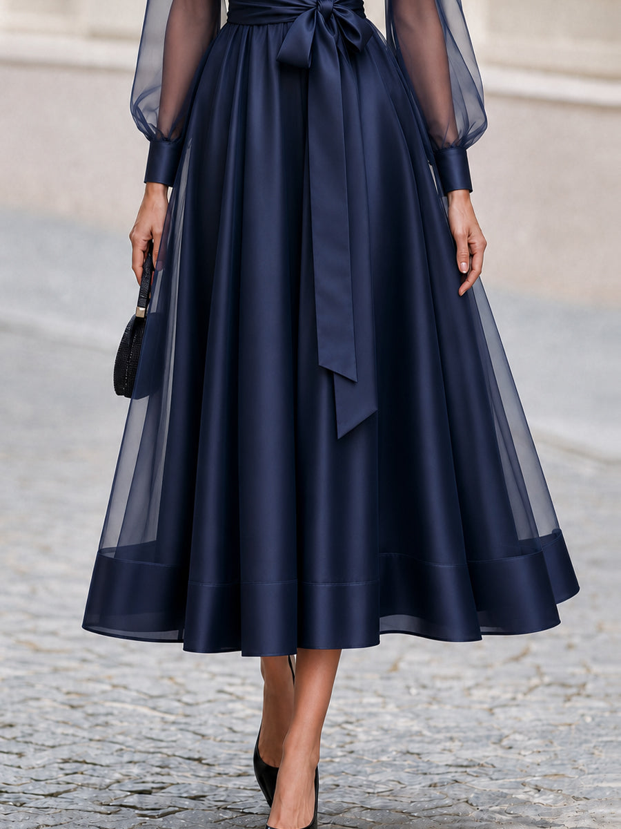 Formal OccasionSheer Tulle Sleeve Satin Midi Shirt Dress With Self Tie Belt