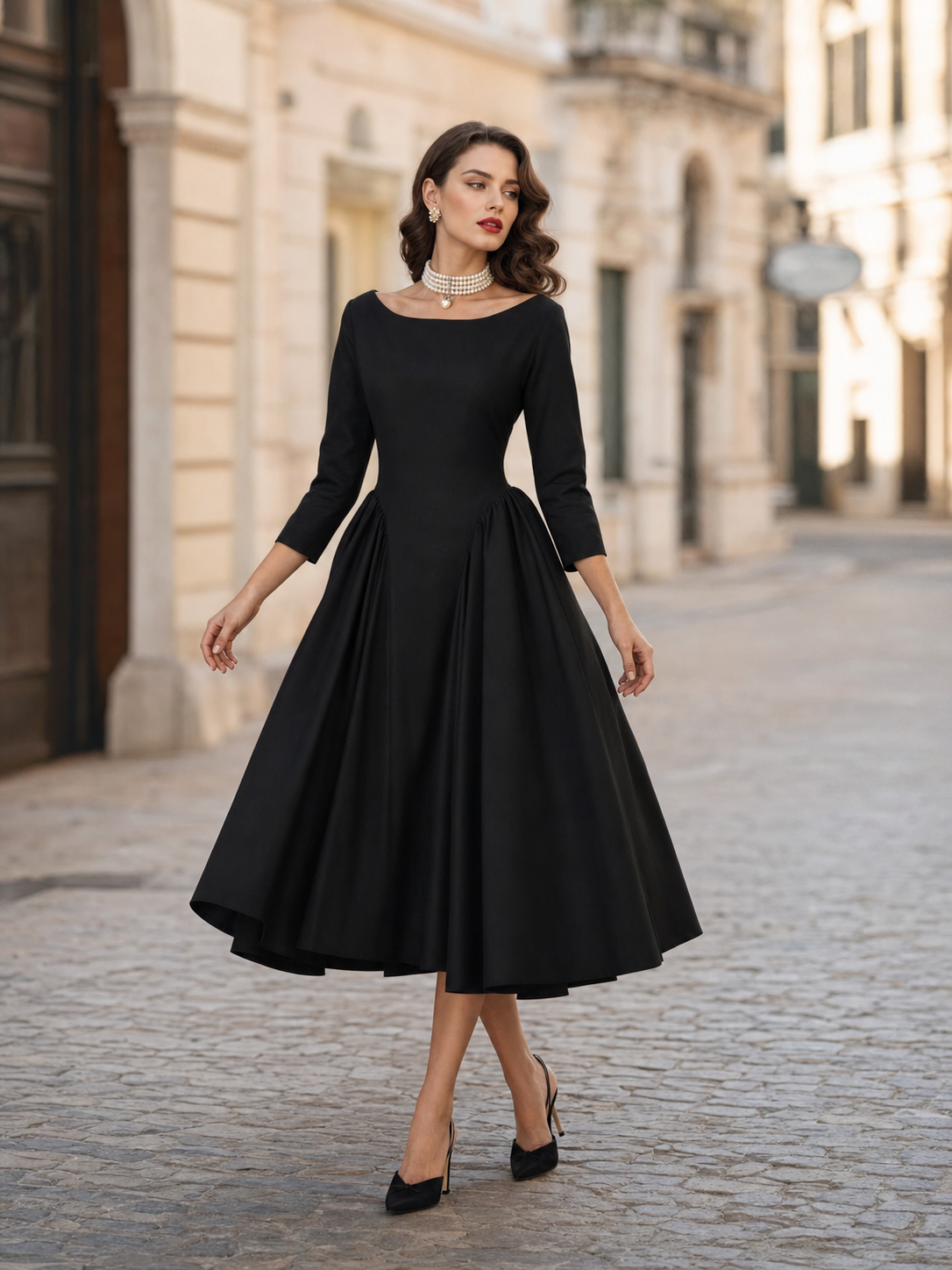 Vintage Audrey-Style Black Boat-Neck Fit-and-Flare Midi Dress